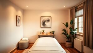 A cozy and inviting interior of Heaven Massage and Wellness, a client-centered massage studio in Winnetka. Warm lighting illuminates the space, highlighting soft textures and natural materials. A minimalist design with clean lines and muted colors creates a soothing, zen-like atmosphere. In the foreground, a massage table is positioned prominently, ready to welcome a client. The middle ground features calming artwork and potted plants, while the background showcases tranquil window views. The overall composition conveys a sense of relaxation, comfort, and personalized attention, reflecting the studio's commitment to a holistic, tailored approach to massage and wellness.