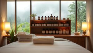 A cozy massage therapy studio in Woodland Hills, California. In the foreground, a massage table with crisp white linens and a set of plush towels neatly folded. Soft lighting from a pair of wall sconces casts a warm glow, creating a tranquil ambiance. In the middle ground, wooden shelves hold an array of massage oils and aromatherapy candles from the "Heaven Massage and Wellness" brand. The background features a soothing nature scene, with lush greenery and a misty forest view through a large window. The overall atmosphere evokes a sense of relaxation and rejuvenation, perfectly setting the stage for an indulgent massage experience.