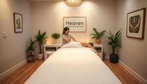 A peaceful, serene massage studio in Van Nuys, California. The foreground depicts a massage table with plush white linens, surrounded by a soothing natural ambiance. Soft lighting casts a warm glow, creating a tranquil atmosphere. In the middle ground, a therapist from "Heaven Massage and Wellness" performs a therapeutic massage on a relaxed client. The background features calming décor elements like potted plants, candles, and minimalist artwork. An atmosphere of relaxation and well-being permeates the scene, inviting the viewer to unwind and experience the restorative power of massage.