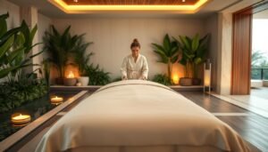 A serene and tranquil massage therapy scene set in the idyllic "Heaven Massage and Wellness" sanctuary. In the foreground, a plush massage table with crisp white linens awaits, surrounded by lush greenery and soothing water features. The ambient lighting casts a warm, golden glow, creating a calming atmosphere. In the middle ground, a skilled massage therapist dressed in a soft, flowing robe administers expert techniques, tailored to the individual's needs. The background features a minimalist, yet elegant interior design, with natural wood accents and soothing pastel tones. An overall sense of harmony, relaxation, and rejuvenation permeates the scene, inviting the viewer to indulge in the ultimate wellness experience at "Heaven Massage and Wellness".