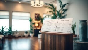 A serene interior of the Heaven Massage and Wellness studio in Toluca Lake, showcasing an elegantly arranged display of their massage pricing and package options. Soft lighting illuminates the space, creating a warm and inviting atmosphere. The display features a wooden podium with a clean, minimalist design, presenting the various massage services and their corresponding prices in a visually appealing manner. The background is filled with natural elements, such as potted plants and a soothing water feature, evoking a sense of tranquility and relaxation. The overall scene conveys the high-quality, professional, and rejuvenating experience that clients can expect at Heaven Massage and Wellness.