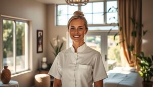 A skilled massage therapist, dressed in a crisp white uniform, stands in a tranquil setting at the Heaven Massage and Wellness studio in Toluca Lake. Warm, natural lighting filters through large windows, casting a serene glow on the therapist's calm, professional demeanor. The foreground features the therapist's welcoming expression and confident posture, conveying expertise and attentiveness. The middle ground showcases the clean, modern interior of the massage studio, with minimalist decor and soothing earth tones. In the background, lush greenery and a glimpse of the vibrant Toluca Lake neighborhood create a sense of peaceful escape, ready to whisk the client away to a restorative experience.