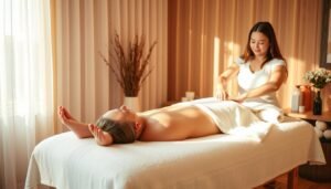 A tranquil scene of relaxation unfolds in a cozy, warmly lit massage therapy suite at Heaven Massage and Wellness. The client rests comfortably on a plush table, limbs gently cradled as a skilled massage therapist applies soothing bodywork, kneading away tension with focused, flowing strokes. Soft, ambient music and the aroma of essential oils create a serene, rejuvenating atmosphere. Dappled natural light filters through sheer curtains, lending a soft, ethereal glow. The client's face is serene, muscles visibly unwinding as they surrender to the restorative, blissful experience.