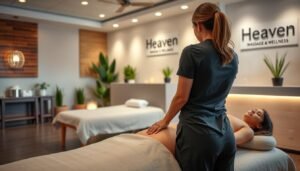 Burbank massage studio with soft lighting, warm wooden accents, and plush massage tables. In the foreground, a skilled therapist's hands expertly kneading the back of a relaxed client, their expression serene. Mid-ground features soothing plants and minimalist decor, creating a tranquil ambiance. The background showcases the inviting reception area of Heaven Massage and Wellness, reflecting the studio's commitment to holistic well-being.