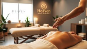 Personalized massage therapy in a serene, modern studio. In the foreground, a massage therapist's skilled hands knead a client's back, using a blend of therapeutic techniques tailored to their needs. The middle ground features plush massage tables, soft lighting, and natural elements like potted plants, creating a calming, spa-like ambiance. The background showcases the "Heaven Massage and Wellness" brand, with a minimalist logo and soothing color palette. The overall mood is one of relaxation, rejuvenation, and a personalized approach to wellness.