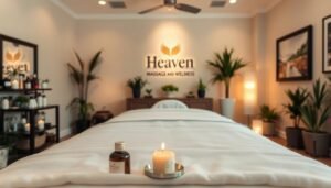 Prompt A cozy and inviting massage studio in Van Nuys, California. The foreground features a massage table draped in soft, white linens, with a selection of massage oils and aromatherapy candles nearby. The middle ground showcases the relaxing ambiance, with dim lighting, soothing music, and potted plants adorning the space. In the background, the walls are adorned with calming artwork and the brand name "Heaven Massage and Wellness" is prominently displayed. The entire scene conveys a sense of tranquility and rejuvenation, perfectly capturing the essence of the "What to Expect During Your Visit" section of the article.
