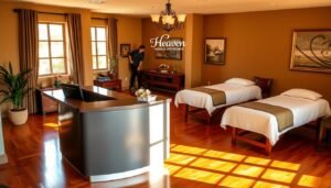 Winnetka Massage Booking: A Serene Sanctuary for Relaxation A cozy, well-appointed massage studio with warm, natural lighting filters through large windows, casting a soft glow on the inviting reception area. The polished wooden floors and soothing earth-toned decor create a calming atmosphere. In the foreground, a sleek, modern booking desk is positioned, with a welcoming staff member ready to assist clients. In the background, plush massage tables await, adorned with crisp, white linens. The walls are adorned with calming artwork, complementing the serene ambiance. The scent of aromatherapy oils wafts through the air, heightening the sense of tranquility. The text "Heaven Massage and Wellness" is prominently displayed, conveying the studio's commitment to providing a rejuvenating experience.