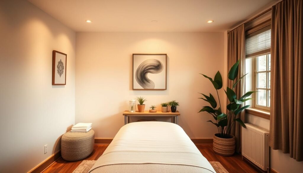 A cozy and inviting interior of Heaven Massage and Wellness, a client-centered massage studio in Winnetka. Warm lighting illuminates the space, highlighting soft textures and natural materials. A minimalist design with clean lines and muted colors creates a soothing, zen-like atmosphere. In the foreground, a massage table is positioned prominently, ready to welcome a client. The middle ground features calming artwork and potted plants, while the background showcases tranquil window views. The overall composition conveys a sense of relaxation, comfort, and personalized attention, reflecting the studio's commitment to a holistic, tailored approach to massage and wellness.