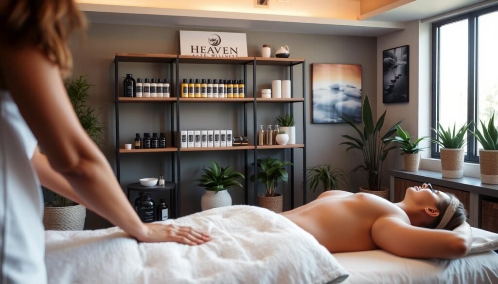 A cozy massage therapy studio in Encino, with natural light filtering through large windows. In the foreground, a therapist's skilled hands gently kneading the shoulders of a relaxed client on a plush massage table. The middle ground features shelves displaying the "Heaven Massage and Wellness" brand, along with an array of therapeutic oils and lotions. In the background, potted plants and serene artwork create a tranquil, spa-like ambiance. Soft, warm lighting casts a soothing glow, enhancing the overall sense of relaxation and well-being.