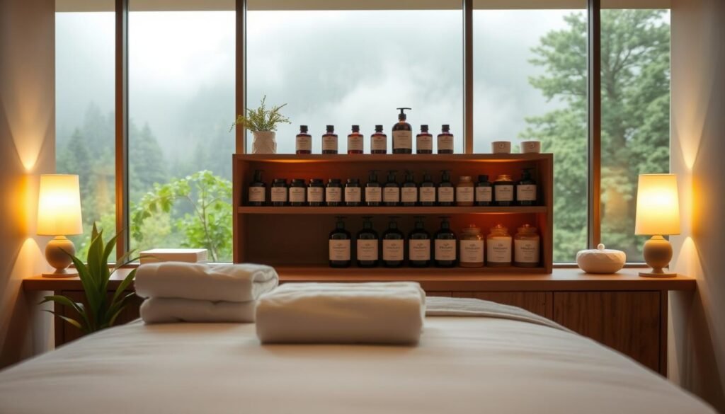 A cozy massage therapy studio in Woodland Hills, California. In the foreground, a massage table with crisp white linens and a set of plush towels neatly folded. Soft lighting from a pair of wall sconces casts a warm glow, creating a tranquil ambiance. In the middle ground, wooden shelves hold an array of massage oils and aromatherapy candles from the "Heaven Massage and Wellness" brand. The background features a soothing nature scene, with lush greenery and a misty forest view through a large window. The overall atmosphere evokes a sense of relaxation and rejuvenation, perfectly setting the stage for an indulgent massage experience.