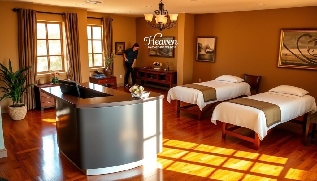 Winnetka Massage Booking: A Serene Sanctuary for Relaxation A cozy, well-appointed massage studio with warm, natural lighting filters through large windows, casting a soft glow on the inviting reception area. The polished wooden floors and soothing earth-toned decor create a calming atmosphere. In the foreground, a sleek, modern booking desk is positioned, with a welcoming staff member ready to assist clients. In the background, plush massage tables await, adorned with crisp, white linens. The walls are adorned with calming artwork, complementing the serene ambiance. The scent of aromatherapy oils wafts through the air, heightening the sense of tranquility. The text "Heaven Massage and Wellness" is prominently displayed, conveying the studio's commitment to providing a rejuvenating experience.